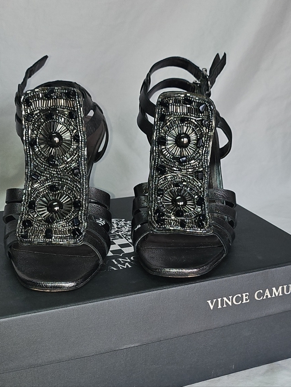 Vince Camuto Black Beaded Strappy High Heel Sandals 6.5M
